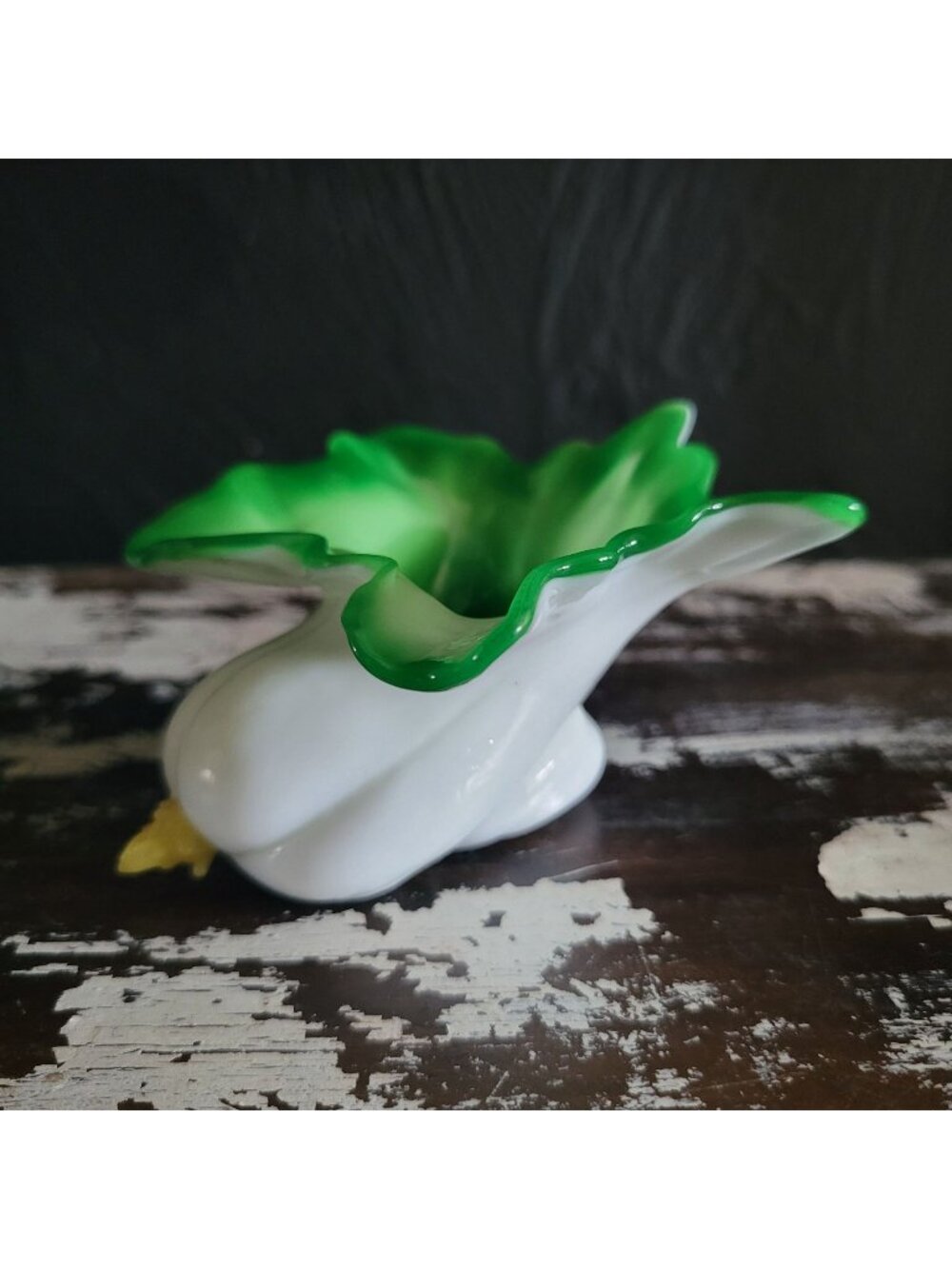 Antique Victorian Cased Glass Bok Choy Salt Cellar White and Green Ruffled Rim
